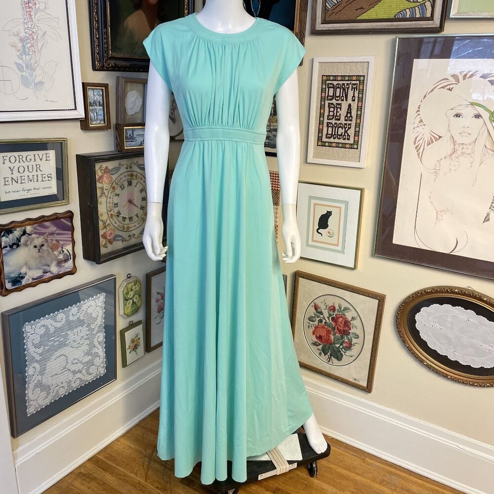 70s Vintage Minty Green Cap Sleeve Maxi Dress with Attached Waist Ties Size S